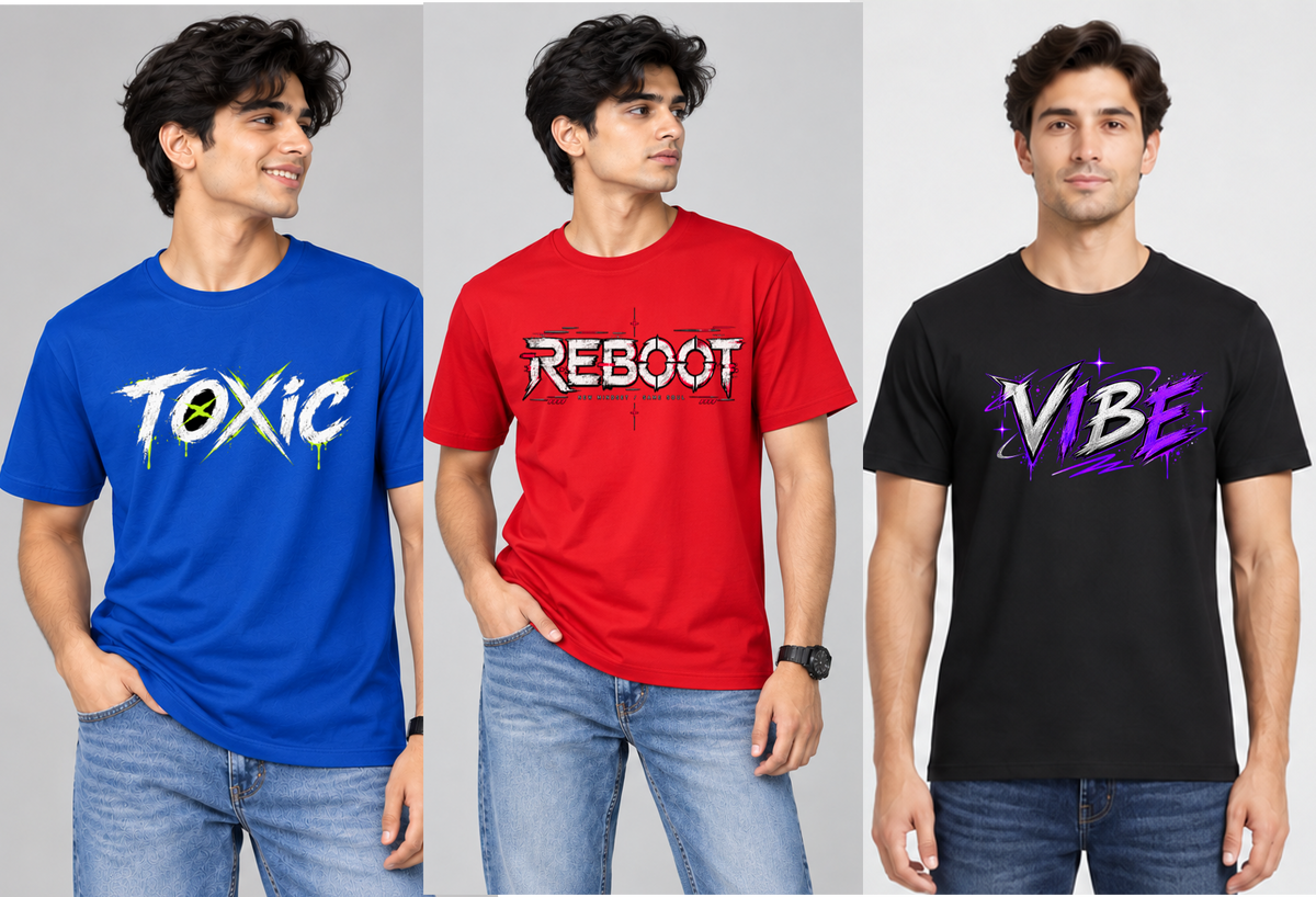 Combo of 3 Regular T-shirts with Print (Reboot, Toxic, Vibe)