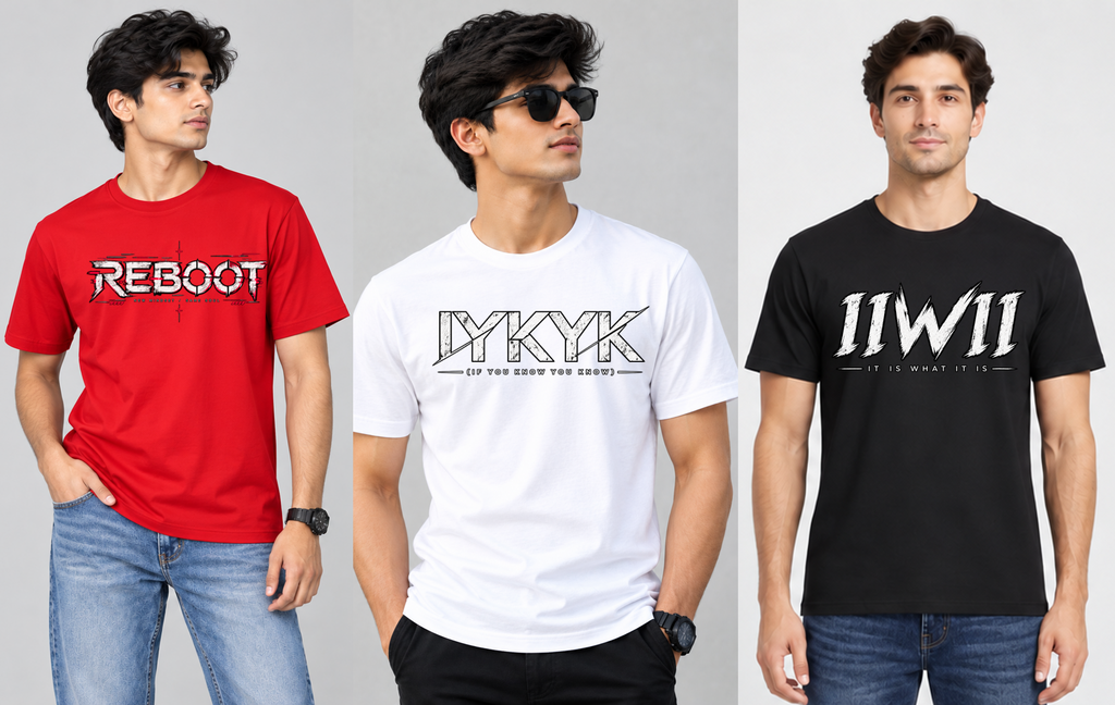 Combo of 3 Regular T-shirts with Print (Reboot, IYKYK, IIWII)
