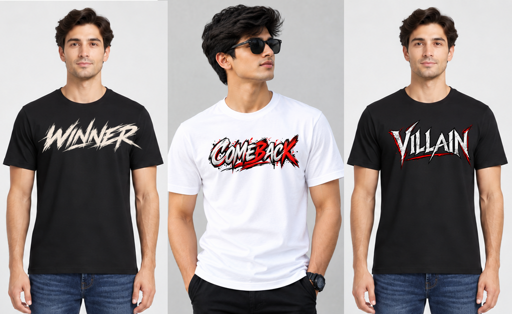 Combo of 3 Regular T-shirts with Print (Winner, Comeback, Villain)