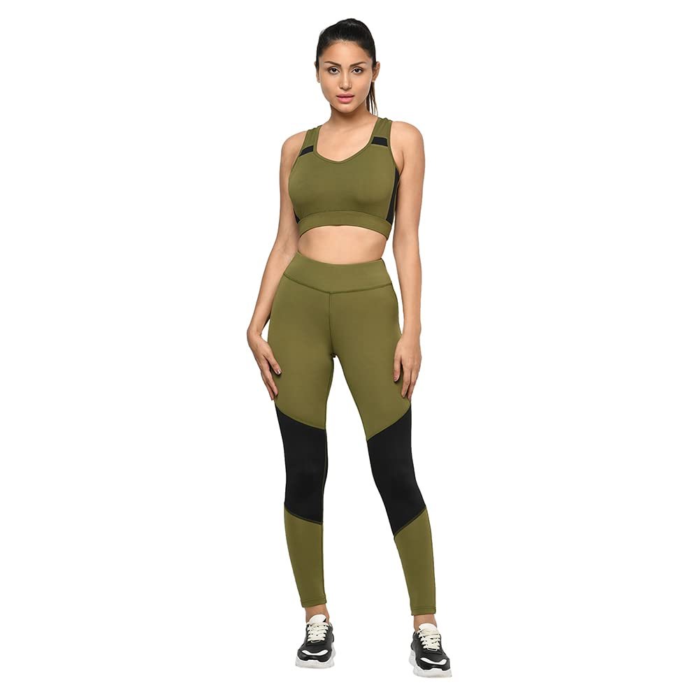 Women's Gym Wear Olive Set of Sports Bra with Tights Workout Track