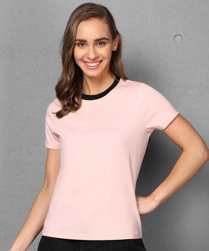 Trendigo Solid Women Round Neck Pink T-Shirt