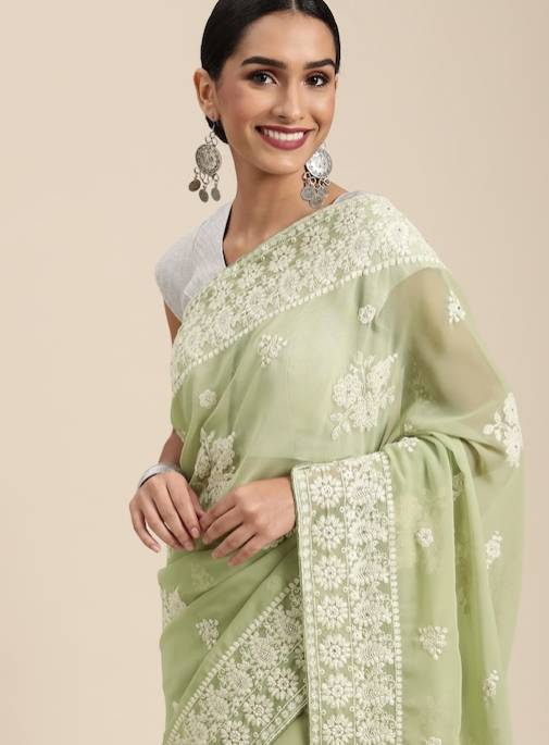 Trendigo Green Chikankari Embroidered Saree